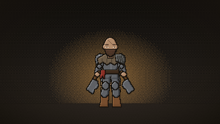 Pixel art: a bald raider in plate with two axes