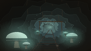Pixel art: a glowing cave with giant pale mushrooms and an old mine cart
