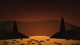 Pixel art: black spires over a glowing lava field